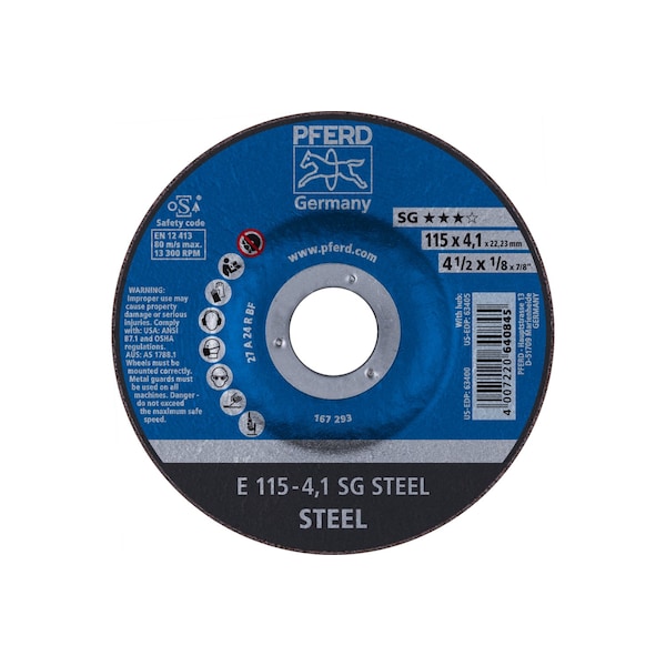 Pferd 4-1/2" x 1/8 Grinding Wheel, 7/8" A.H. - SG STEEL - Type 27 63400 - main
